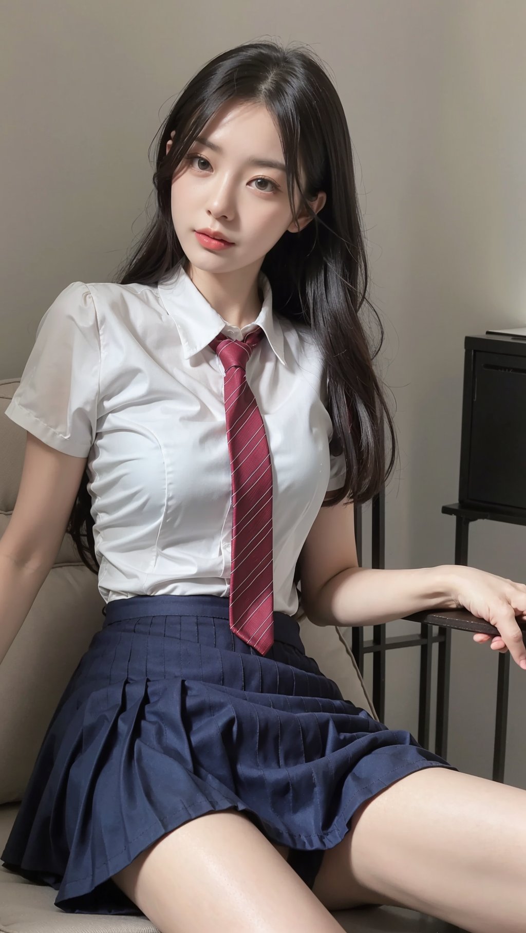 1girl,black pleated skirt, gray shirt,necktie, hands on wait,black legwear, very sexual, sitting on sofa,  <lora:YG学姐的JK:0.75>,