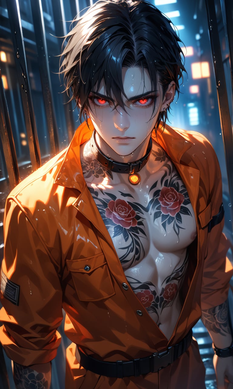 (Depth of field, hdr, 8k wallpaper, cinematic angle, cinematic lighting,:1.1) (masterpiece, best quality:1.45),  ultra-detailed, 1boy, black hair, wet hair strands, glowing red eyes, pale skin, tattoos on neck and chest, detailed floral tattoo, orange prison jumpsuit, collar slightly open, serious expression, intense gaze, soft lighting, cyberpunk aesthetic, subtle glow, prison cell bars in background, dark atmosphere, highly detailed face, realistic skin, piercings, cinematic lighting, moody and dramatic setting