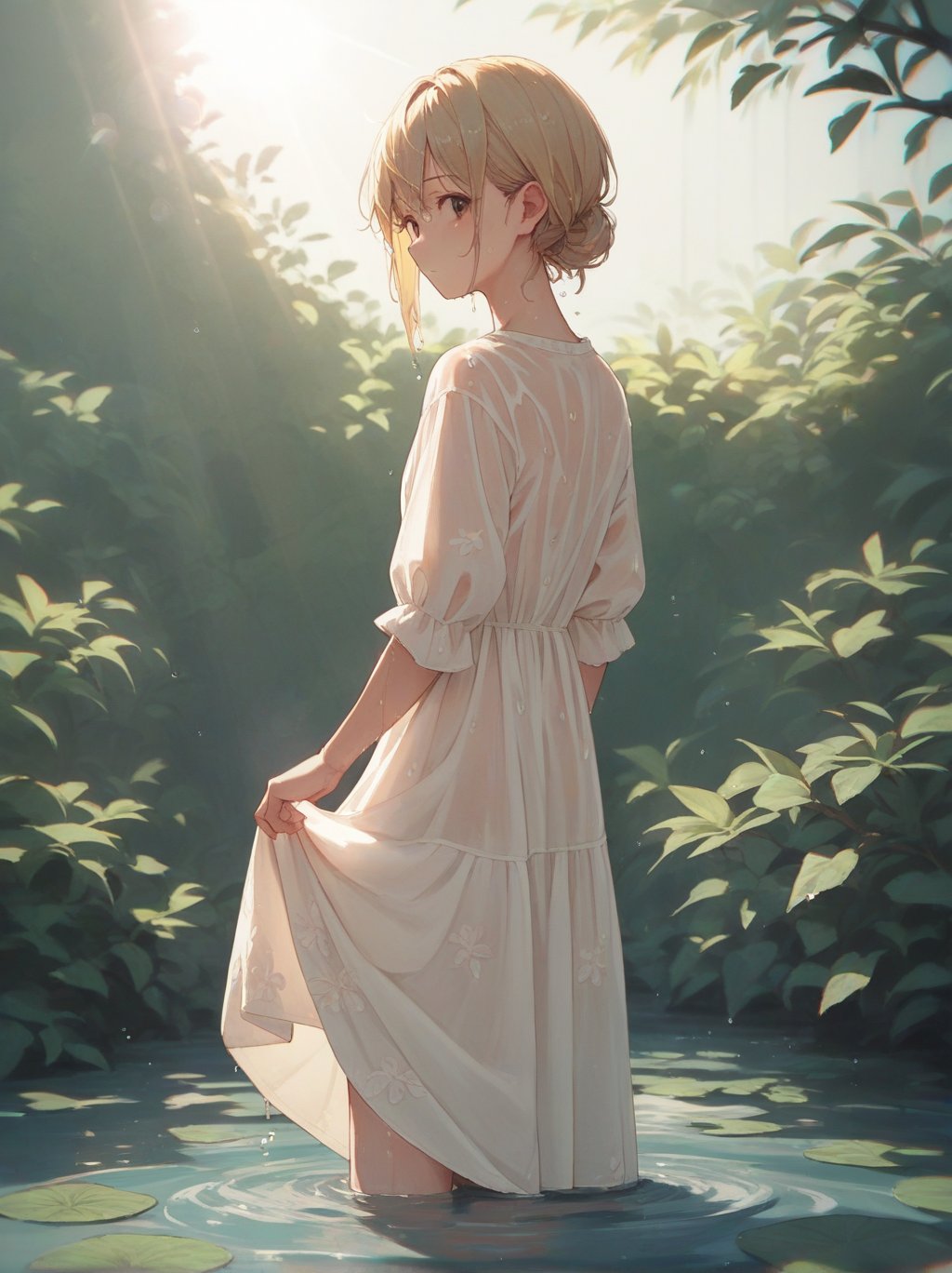 score_9, score_8_up, score_7_up, score_6_up, source_anime, <lora:linen_dress_v0.1-pony:1> 1girl, linen dress,blonde hair, brown eyes, cowboy shot, wading, dress lift, wet, looking back, see-through silhouette, sunlight, light rays, bloom, lens flare, dark,