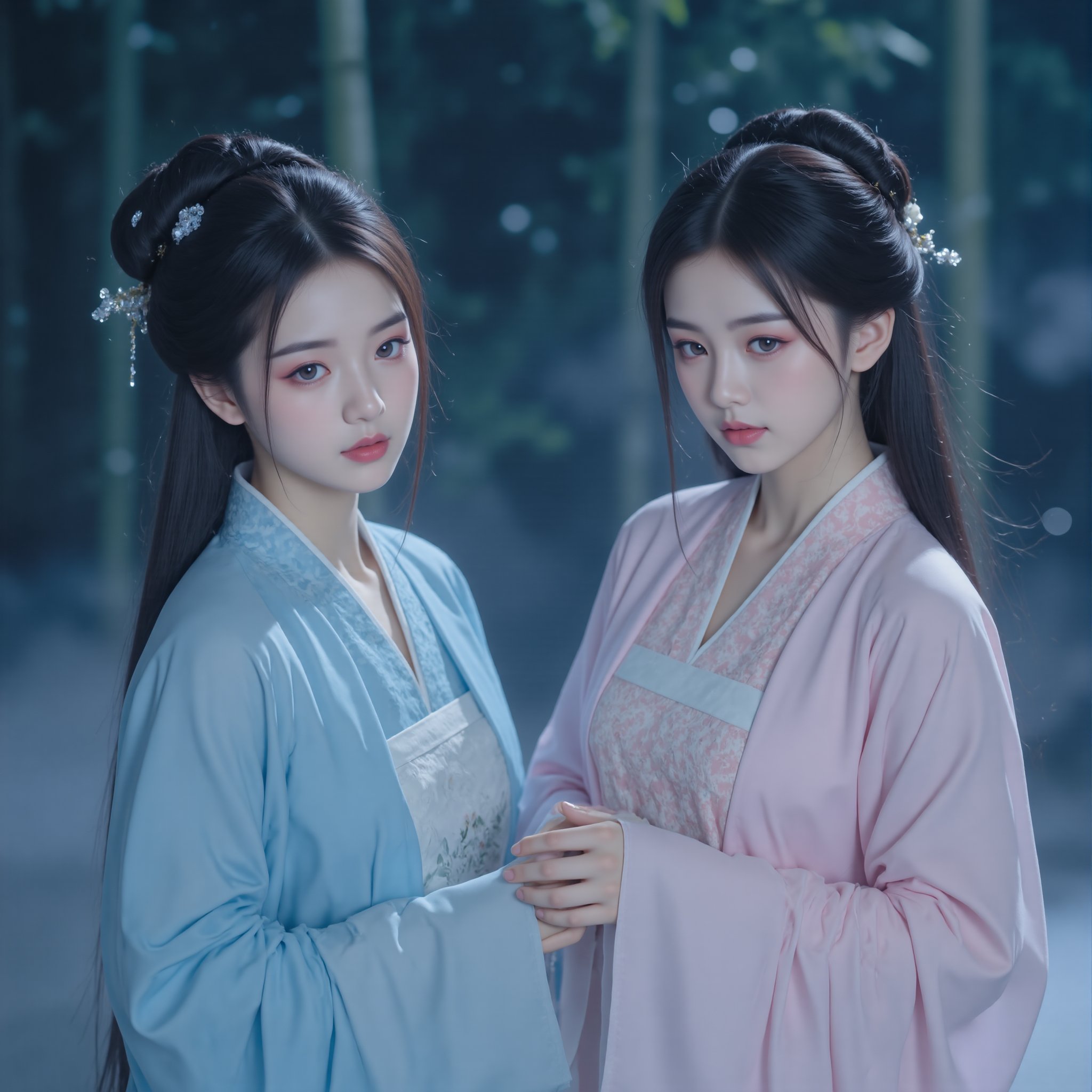 Traditional Chinese art style, two girl in hanfu, one in light blue and the other in pink, standing in a bamboo forest at night, intricate hair ornaments, serene expression, soft lighting, misty atmosphere, ancient dynasty ambiance.<lora:极品超模V8_2.0:0.8>