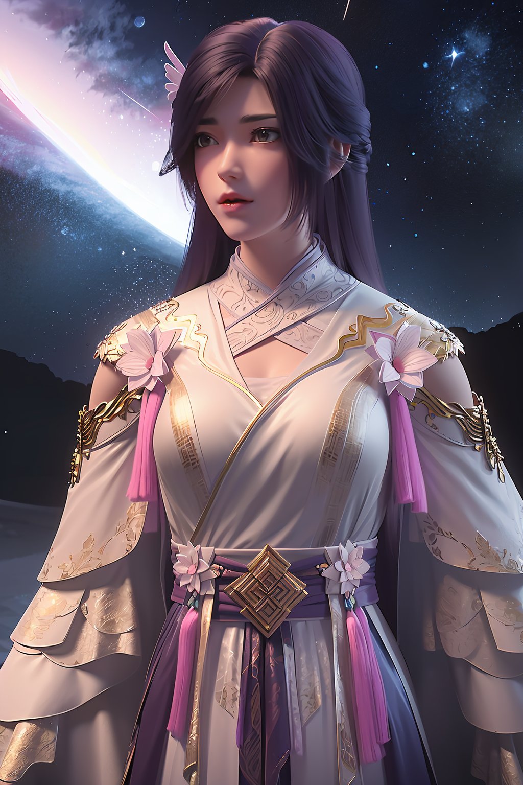 wanmei,yunxi,hanfu,1girl,solo,upper body,best quality,masterpiece,HDR,UHD,8K,best quality,absurdres,masterpiece,Highly detailed,ultra-fine painting,front view,Photographic,<lora:yunxi_3_v1:0.8>,meteor shower,