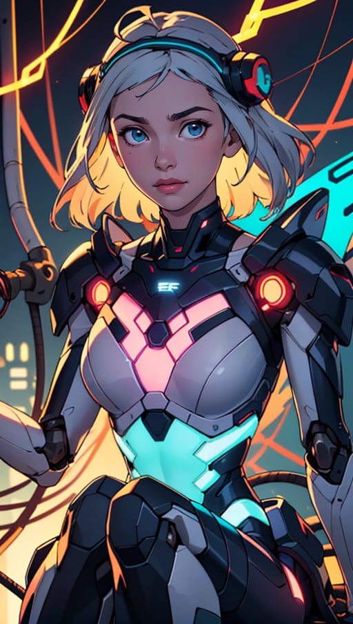 (best quality, masterpiece, perfect face, beautiful and aesthetic:1.2, colorful, dynamic angle, highest detailed face)((Full shot)), (highly detailed illustration), ((Chest covered)), ((1mechanical girl)), solo, (lucent nacre exoskeleton) ((upper torso hanging by gloing wires)), ((Hanging by glowing wires and glowing tubes)), (machine made joints:1.2), ((machanical limbs)), (blood vessels connected to glowing tubes), (mechanical vertebra attaching to back), ((mechanical cervial attaching to neck)), (sitting), (chest covered), (glowing wires and glowing cables attaching to neck:1.2), (glowing wires and glowing cables on head:1.2), (character focus), science fiction, extreme detailed, colorful,, 35mm, bokeh, 9:16, (intricate details, hyperdetailed:1.15), detailed, sunlight passing through hair (high contrast, official art, extreme detailed, highest detailed),