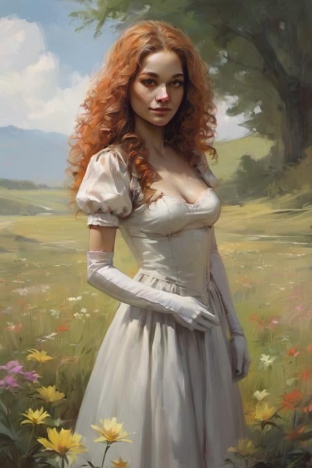 score_9, score_8_up, score_7_up, rating_safe, digital art, realistic, 1girl, solo, long hair, curly hair, wavy hair, orange hair, orange eyes, looking at viewer, breasts, dress, white dress, puffy sleeves, puffy short sleeves, short sleeves, gloves, elbow gloves, white gloves, cowboy shot, closed mouth, standing, outdoors, field, flower, grass, plant, sky <lora:Digital Art Style SDXL_LoRA_Pony Diffusion V6 XL:0.8>