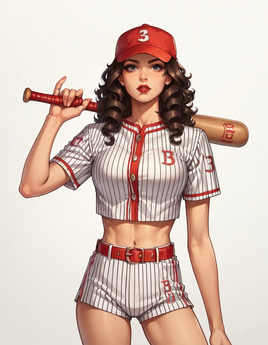 score_9, score_8_up, score_7_up, score_6_up, anime, best quality, 1girl, long black curly hair, red lipstick, hud_bbll_plyr, baseball cap, striped, midriff, belt, baseball uniform, shorts, crop top, <lora:hud_bbll_plyr-000008:0.8>, baseball bat