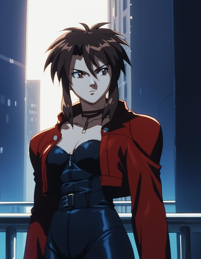 score_9,  score_8_up, score_7_up, source_anime, <lora:priss-v3-ponyxl-000005:1> priss, brown eyes, ribbon choker, cropped jacket, red jacket, bodysuit,1girl, cowboy shot, fingerless gloves, serious, looking to the side, city, night, dim lighting