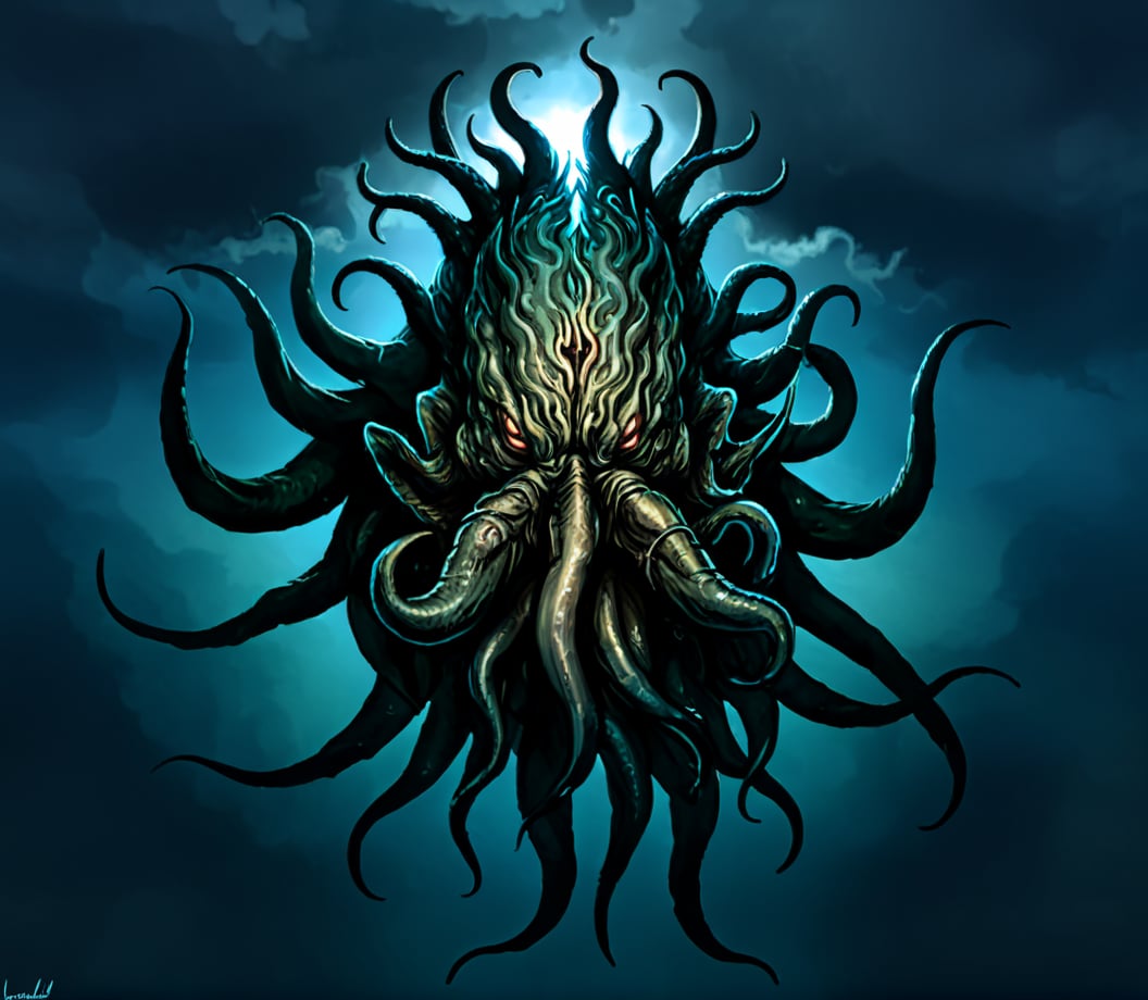 shub-niggurath,fantasy creature,tentacles,dark tones,ominous,digital art,underwater,glowing eyes,sinister,high-resolution,horror theme,fictional being,aquatic monster,eerie,marine setting,luminescent details,sea creature,menacing presence,artistic composition,creature design,lovecraftian,cthulhu horror,monster,no humans,eldritch abomination,sky,cloud,outdoors,cloudy sky,teeth,horns,giant,scenery,sharp teeth,glowing,Cthulhu Terror,The Cthulhu Mythos,old gods,<lora:kesulu-10:0.6>,