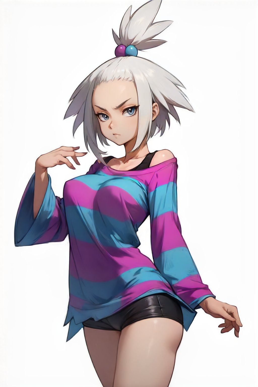 <lora:PKMN_Roxie-DEF:0.7> roxie (pokemon), top knot, oversized shirt, striped shirt, cowboy shot, white background, perfect, sharp, masterpiece, detailed, high resolution, best quality,