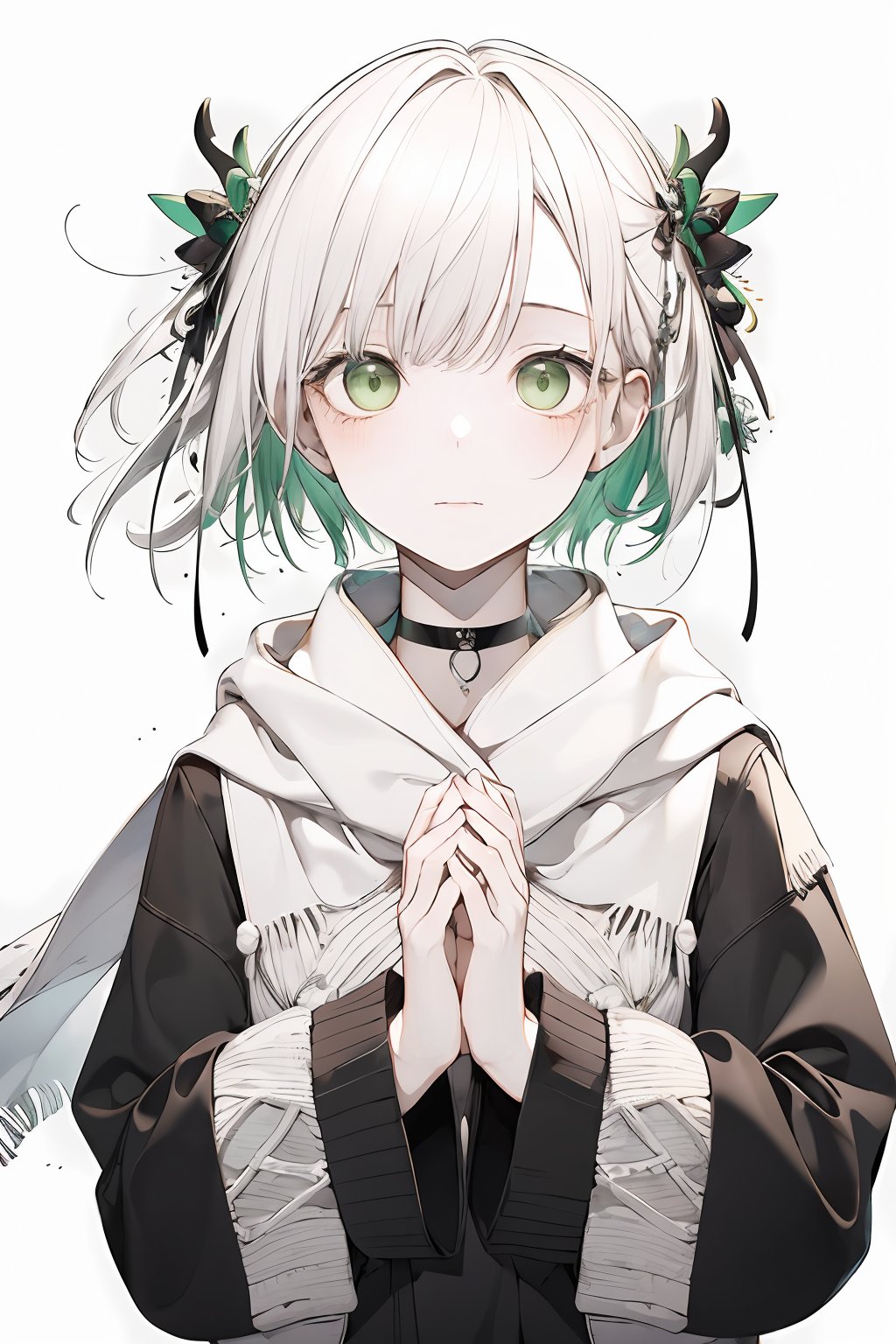 1girl,short hair,bangs,simple background,hair ornament,white background,green eyes,upper body,bundled hair,choker,scarf,own hands together,spot color,from_below,<lora:lbc_Girly_v2.0-000006:0.8>,