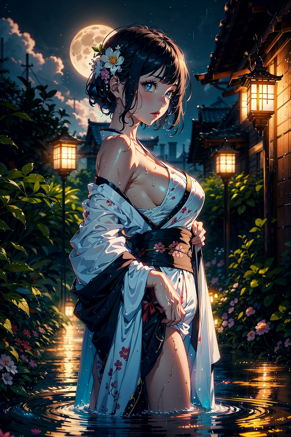 1girl, breasts, moon, lantern, night, solo, large breasts, hair ornament, wet, kimono, japanese clothes, wading, water, hair flower, flower, outdoors, sky, full moon, rain, black hair, off shoulder, mountain, cloud, holding, sash, bare shoulders, paper lantern, standing, white kimono, night sky, sideboob, obi, wet clothes, bangs, tree, from side, reflection, short hair, cloudy sky, wet hair   {{(masterpiece),(extremely detailed CG unity 8k wallpaper),best quality,,solo,1girl,cinematic lighting,detailed background,beautiful detailed eyes,bright pupils, (an extremely delicate and beautiful),(Beautiful and detailed eye description)，  ultra-detailed,masterpiece,}},