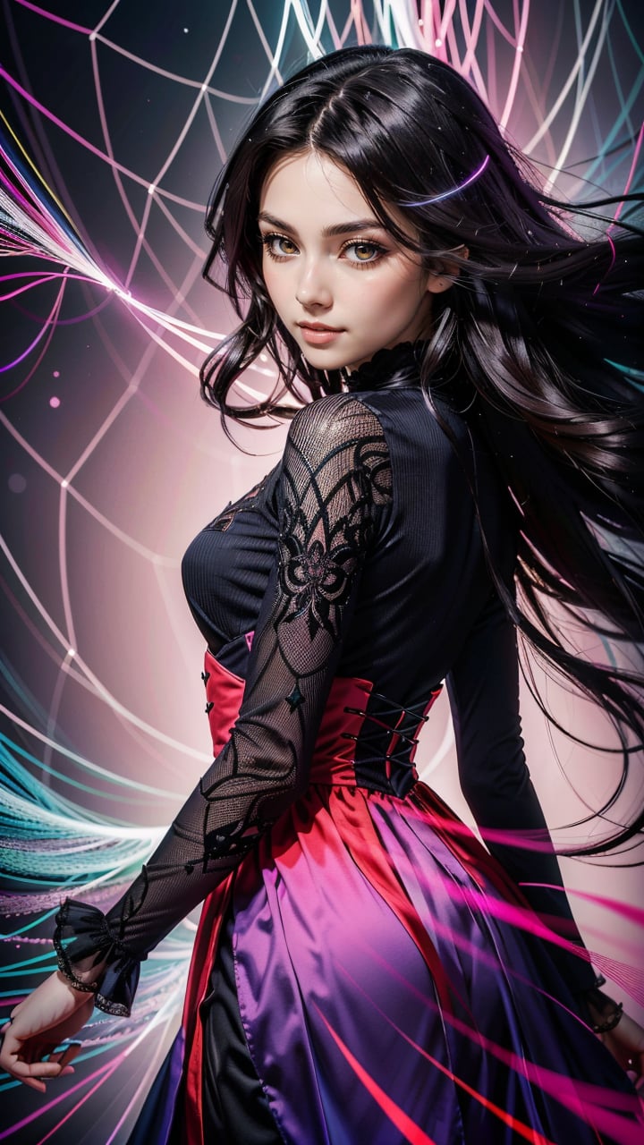 (best quality, masterpiece, colorful, dynamic angle, highest detailed) Tohsaka Rin \(fate/extra\), cowboy shot, fashion photography of cute, intense long hair, Tohsaka Rin,(ultrahigh resolution textures), in dynamic pose, bokeh, glowing web, light passing through hair, (abstract background:1.3), (official art)