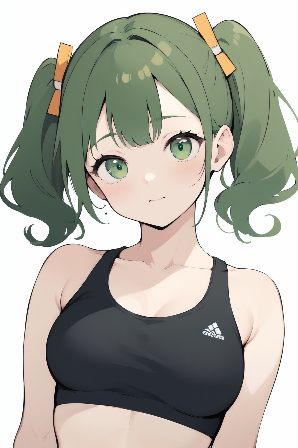 (finely best quality illustration:1.2), (kawaii girl:1.1), (1girl, solo:1.0), (green curly hair, short twintails:1.0), (sports bra:1.0), (upper body:1.0), (white background:1.0), (ultra-detailed, highres:1.0), (sfw:1.0),