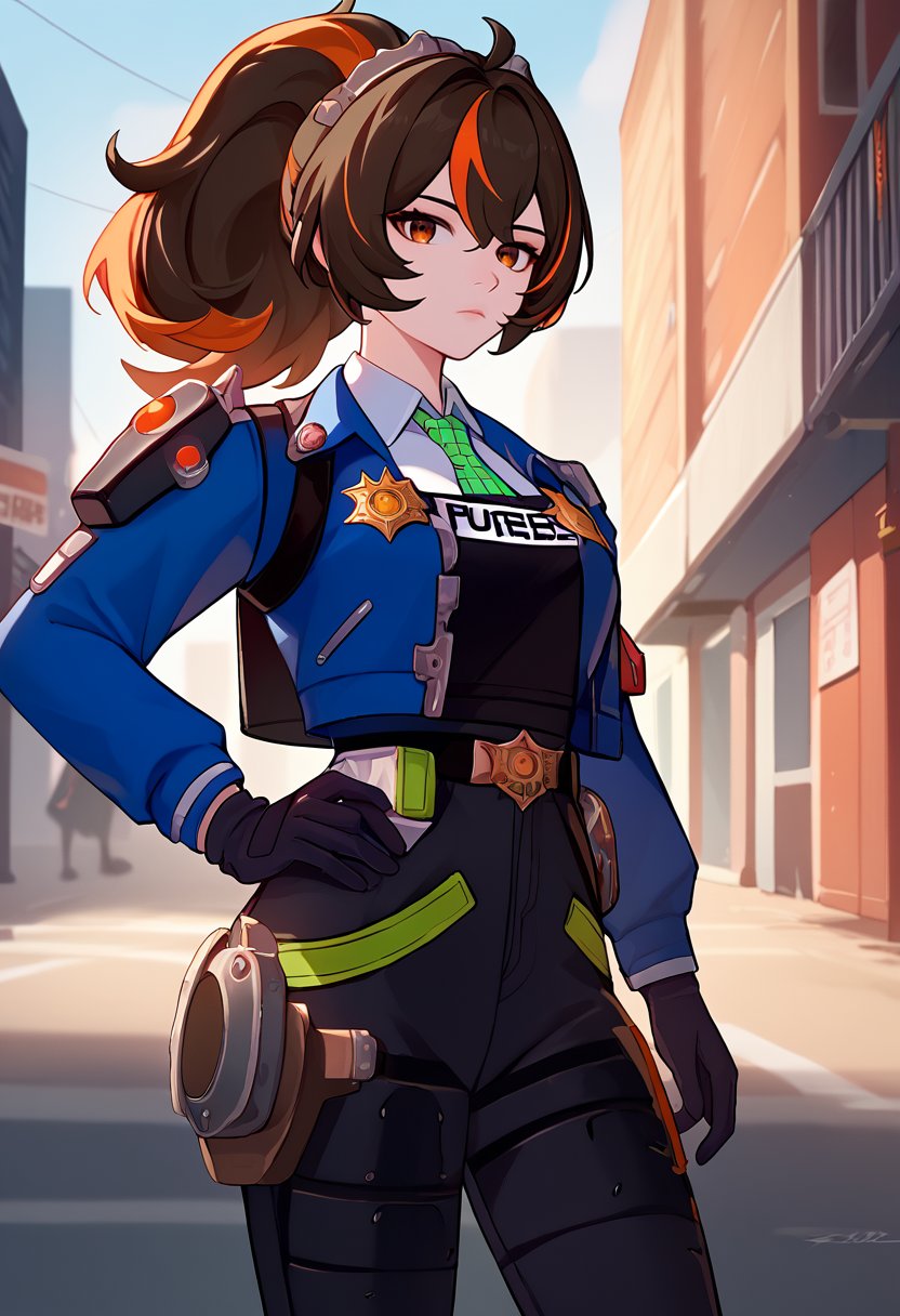 score_9, score_8_up, score_7_up, cowboy shot, solo, 1girl, zhuyuan, expressionless, looking at viewer, standing, hand on own hip, ponytail, orange eyes, police uniform, blue jacket, long sleeves, black vest, white shirt, collared shirt, green necktie, black gloves, black pants, belt, outdoors, city street <lora:zzz_zhuyuan_ponyXL:1>