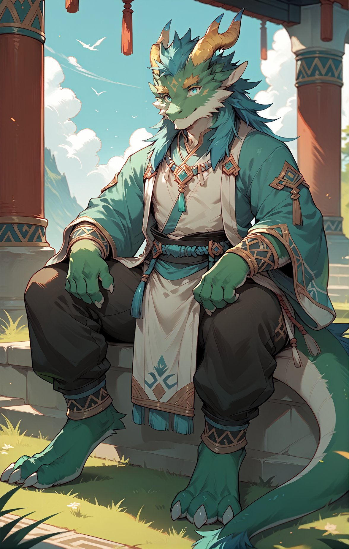 score_9,score_8_up,score_7_up,score_6_up,score_5_up,score_4_up,source_furry,han fu,male,Draco Echo,green body,Blue tip,golden horn,Blue hair,smile,dragon,golden eyebrows,sitting,blue eyes,standing,outdoors,sky,grass,tuft,digitigrade,tail_ring,green fur,digital media (artwork),Black pants,<lora:Draco Echo_XL_Pony_16-000009:0.8>,<lora:Han fu_XL_Pony_Lokr-000010:1>,