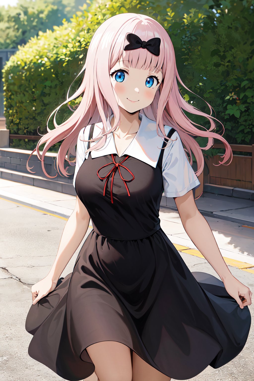 masterpiece, best quality, highres, aachika, long hair, hair bow, collarbone, summer uniform, neck ribbon, white shirt, pinafore dress, (black dress:1.2), short sleeves, black skirt, <lora:fujiwara_chika_v2:0.7>, standing, cowboy shot, smile,