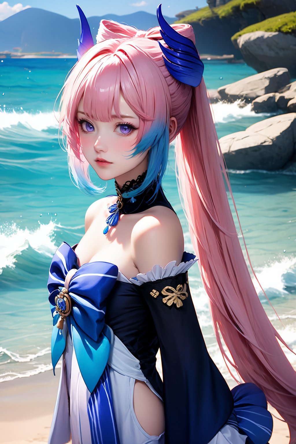 1girl, sangonomiya kokomi, solo, bow-shaped hair, pink hair, long hair, looking at viewer, multicolored hair, outdoors, vision \(genshin impact\), blue hair, breasts, bare shoulders, bow, blue eyes, sky, lips, blue bow, frills, day, detached collar, very long hair, closed mouth, detached sleeves, frilled sleeves, dress, blue sky, wide sleeves, colored tips, purple eyes, cloud, hair ornament, long sleeves, cleavage, gradient hair, lace-trimmed choker, choker, from side, sidelocks, beach, waves, ponytail, blunt bangs, medium breasts, off-shoulder dress, blue horns, blue gemstone, small breasts, upper body, off shoulder, two-tone hair, bowtie, mountain, cowboy shot, pink lips