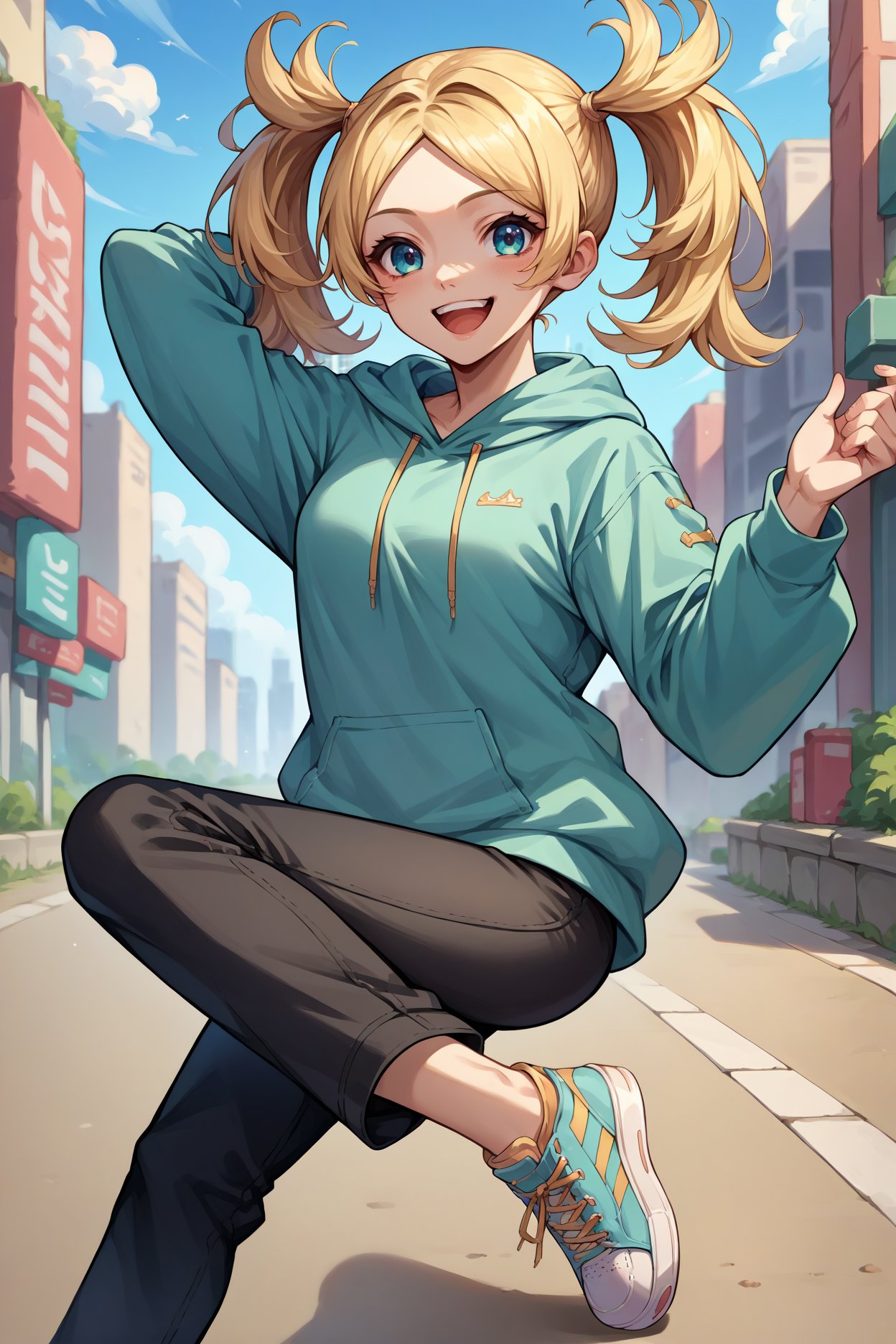 score_9, score_8_up, score_7_up, score_6_up, source_anime, 1girl, solo, <lora:felissa-pdxl-nvwls-v1-000005:1> defLissa, blonde hair, twintails, cyan hoodie, black pants, sneakers, looking at you, happy, arm behind head, city