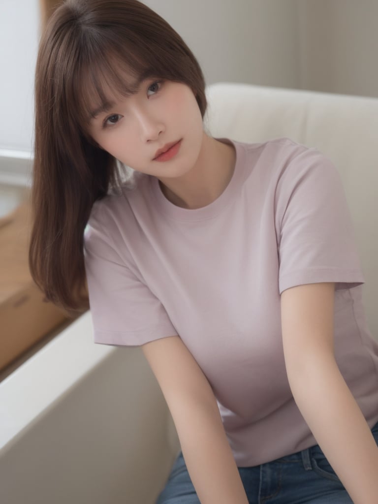 1girl,realistic,solo,breasts,brown hair,looking at viewer,large breasts,short sleeves,shirt, <lora:纯欲私房写真摄影:0.8>