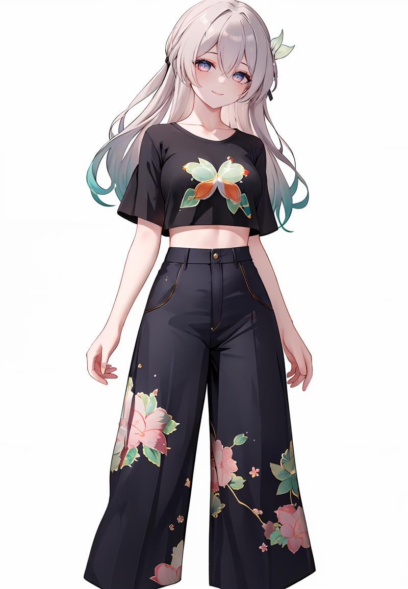 ((masterpiece,best quality)), 1girl, fireflyhsr, Abstract print crop top and matching high-waisted wide-leg pants, smile, simple background,