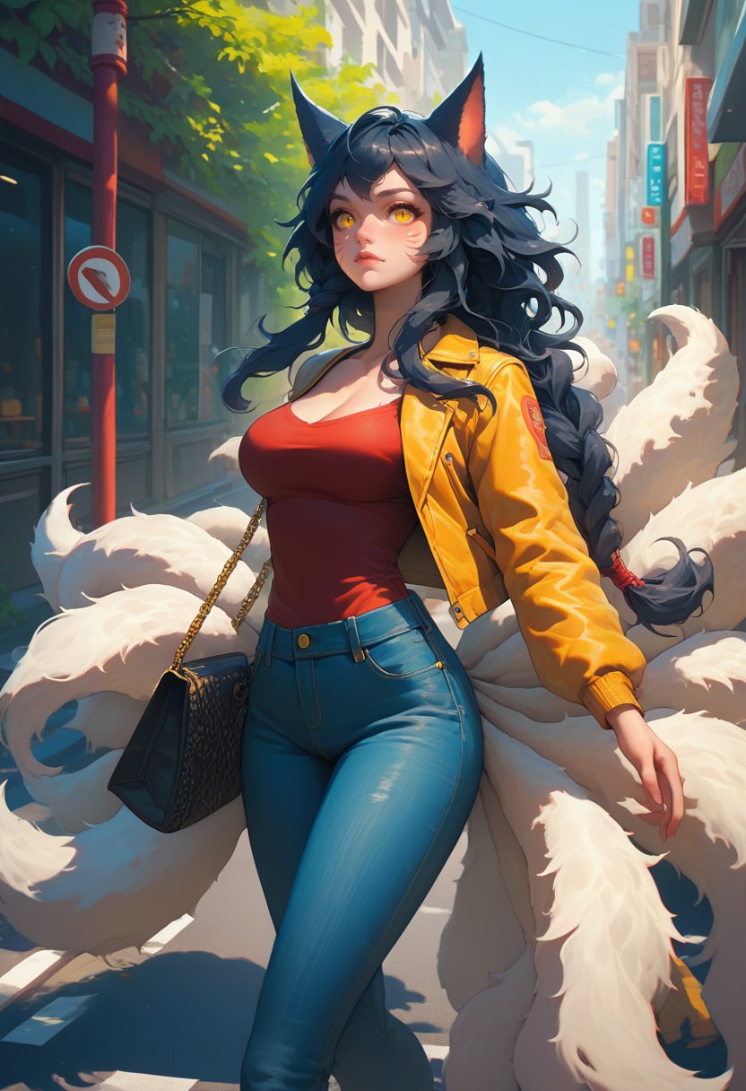 score_9, score_8_up, score_7_up, ahridefault, slit pupils, animal ears, facial mark, fox tail, multiple tails, long hair, single braid, black hair, yellow eyes, large breasts, outdoors, street, road sign, jacket, open jacket, jeans, casual, long sleeves, <lora:Ahri_pdxl_Incrs_v1:1>, handbag, 