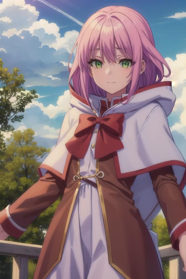 nornclatalissajioral, <lora:norn clatalissa jioral s1-lora-nochekaiser:1>,norn clatalissa jioral, long hair, hair between eyes, (green eyes:1.5), pink hair, smile,BREAK long sleeves, dress, bow, red bow, hood, robe, white robe,BREAK outdoors, forest, nature, grass, trees, sun, sky, clouds,BREAK looking at viewer, (cowboy shot:1.5),BREAK <lyco:GoodHands-beta2:1>, (masterpiece:1.2), best quality, high resolution, unity 8k wallpaper, (illustration:0.8), (beautiful detailed eyes:1.6), extremely detailed face, perfect lighting, extremely detailed CG, (perfect hands, perfect anatomy),