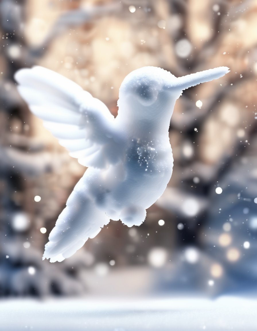 <lora:Aether_Snow_v1_SDXL_LoRA:1.0> award-winning photo of a flying hummingbird made of snow, cinematic, bokeh