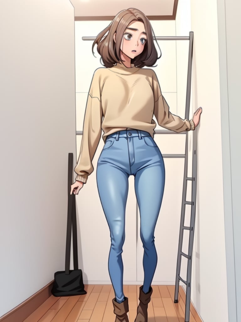 1girl,Pretending to climb a ladder,Skinny jeans, oversized sweater, and ankle boots.,curly lob