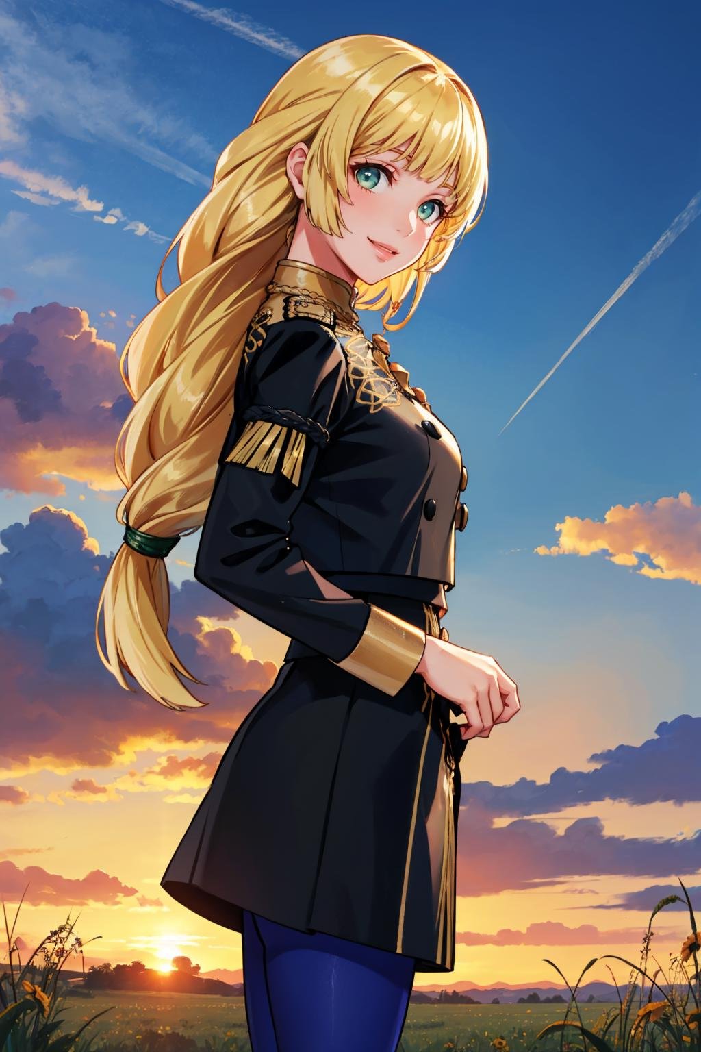 masterpiece, best quality,  <lora:ingrid-nvwls-v2-000009:0.9> defingrid, bangs, braided ponytail, black jacket, black skirt, blue pantyhose, cowboy shot, from side, looking at viewer, smile, clouds, sky, field, sunset