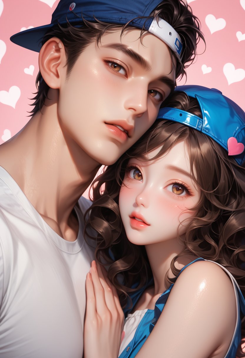 (score_9, score_8_up), score_7_up, score_6_up, 1girl, long hair, looking at viewer, blush, short hair, bangs, brown hair, shirt, black hair, 1boy, hat, brown eyes, collarbone, white shirt, upper body, heart, parted lips, sleeveless, lips, wavy hair, baseball cap, blue headwear, curly hair, hand on another's head, heart background, backwards hat