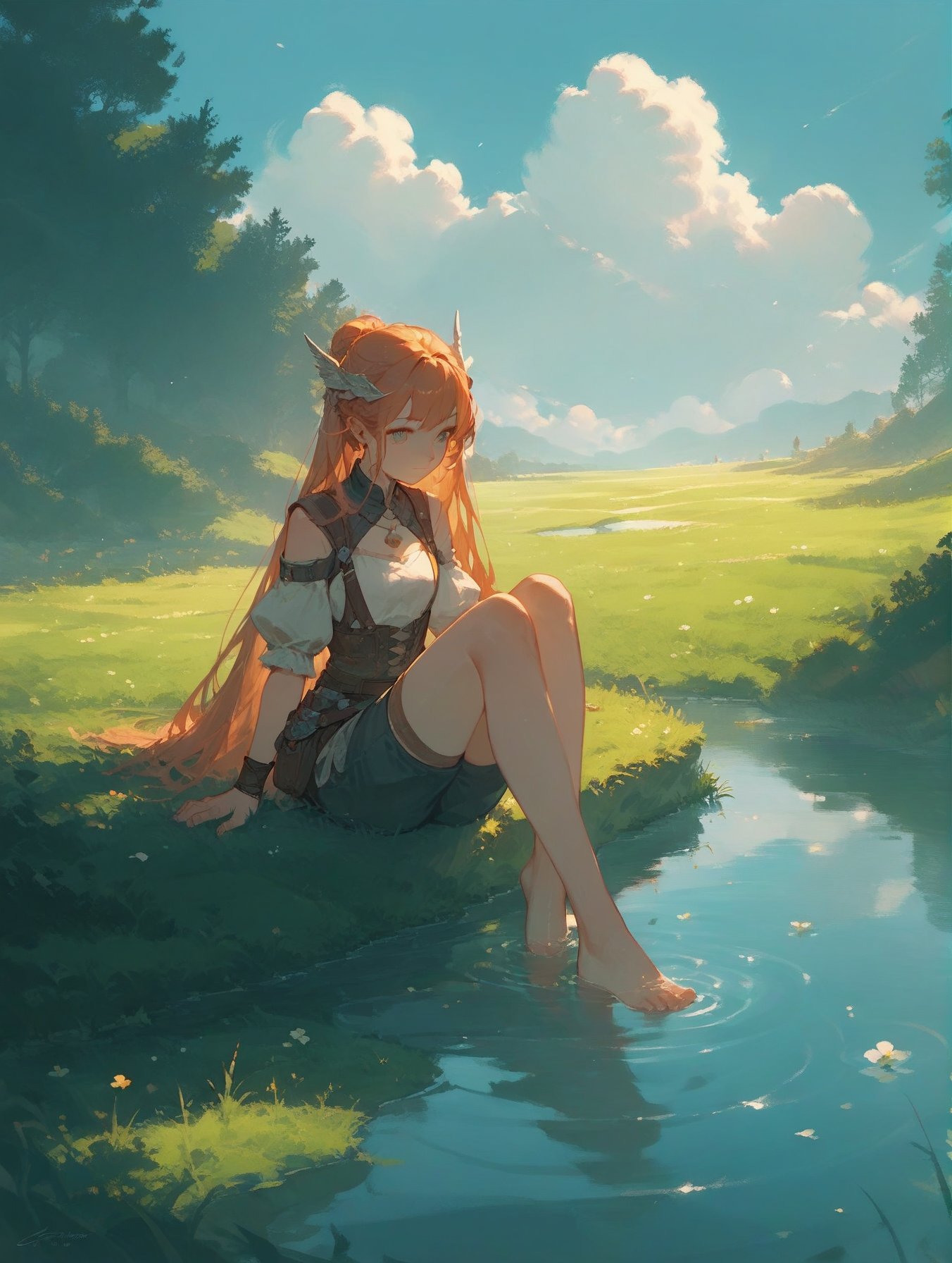 (score_9,score_8_up,score_7_up),1girl,solo,bare foot,feet focus,two feet,sky,grass,water,cloud,fantasy,