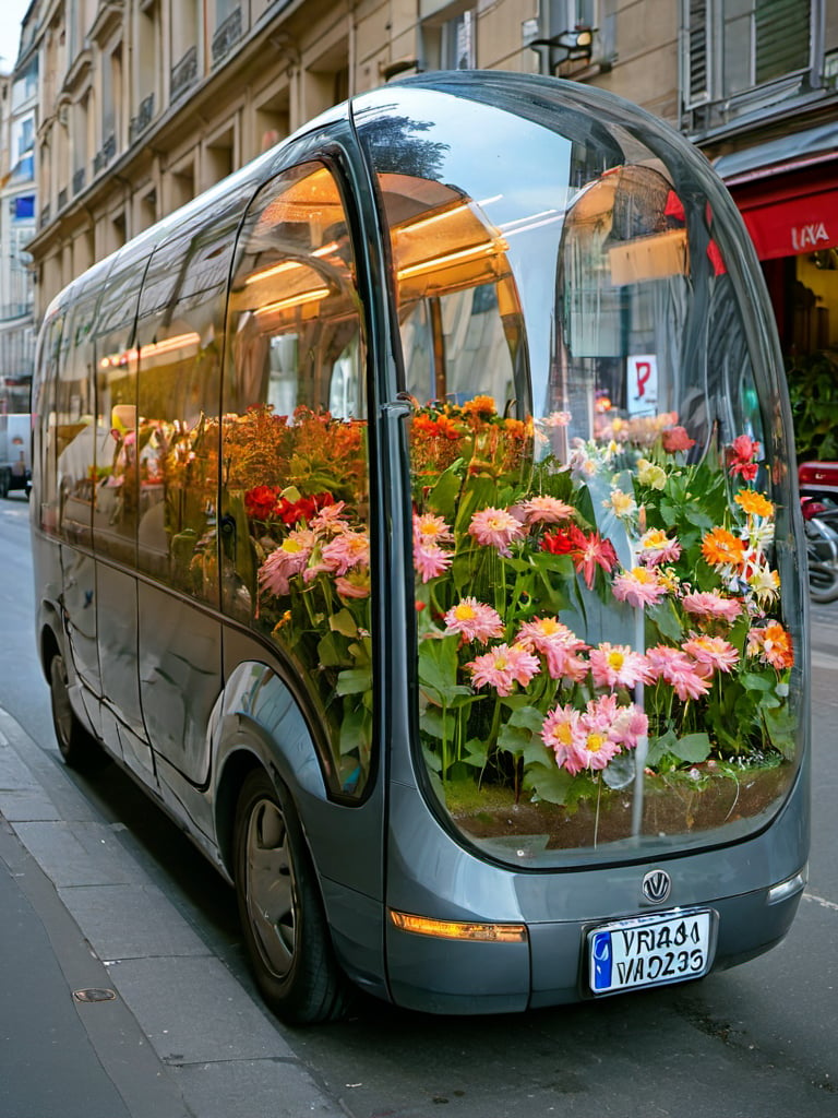 <lora:hhdb-XL:0.8>,hhdb01,ground vehicle,scenery,flower,motor vehicle,outdoors,road,lamppost,day,car,street,city,sign,building,window,reflection,no humans,