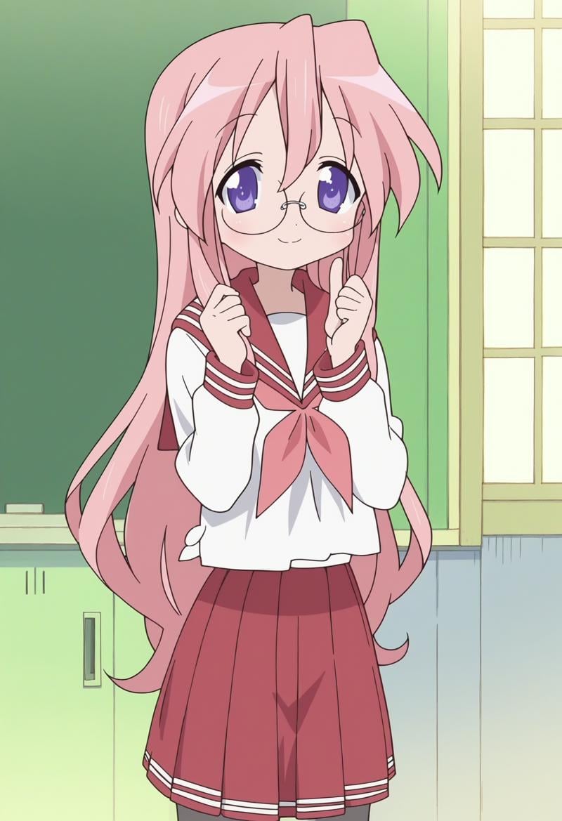 score_9, score_8_up, score_7_up, score_6_up, score_5_up, score_4_up , anime coloring ,BREAK source_anime, anime,screencap,1girl, solo, lsmiyuki, school uniform, school shirt, pink neckerchief, sailor collar, grey pantyhose, glasses, red skirt, <lora:PonyXL LS Miyuki V1:1>indoors, standing,smile, looking at viewer,