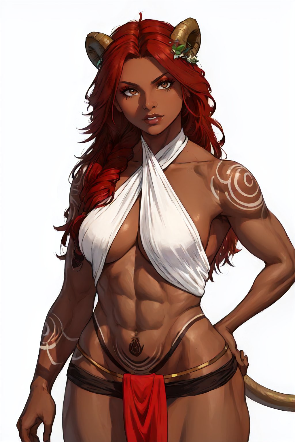 <lora:TW_Succubus-DEF:0.7> witsucc, solo, muscular female, curvy, cowboy shot, small horns, swimsuit, posing, dark skin, long hair, jewelry, makeup, red hair, lion tail, halterneck, waistcloth, white background, hair ornament, tattoo, perfect, sharp, masterpiece, detailed, high resolution, best quality,