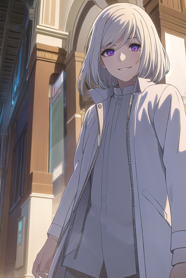 akudamacutthroat, <lora:akudama cutthroat s1-lora-nochekaiser:1>,cutthroat, bangs, hair between eyes, (purple eyes:1.1), white hair, male focus, medium hair, smile, grin,BREAK shirt, jacket, white shirt, open clothes, white jacket,BREAK outdoors, city,BREAK looking at viewer, (cowboy shot:1.5),BREAK <lyco:GoodHands-beta2:1>, (masterpiece:1.2), best quality, high resolution, unity 8k wallpaper, (illustration:0.8), (beautiful detailed eyes:1.6), extremely detailed face, perfect lighting, extremely detailed CG, (perfect hands, perfect anatomy),