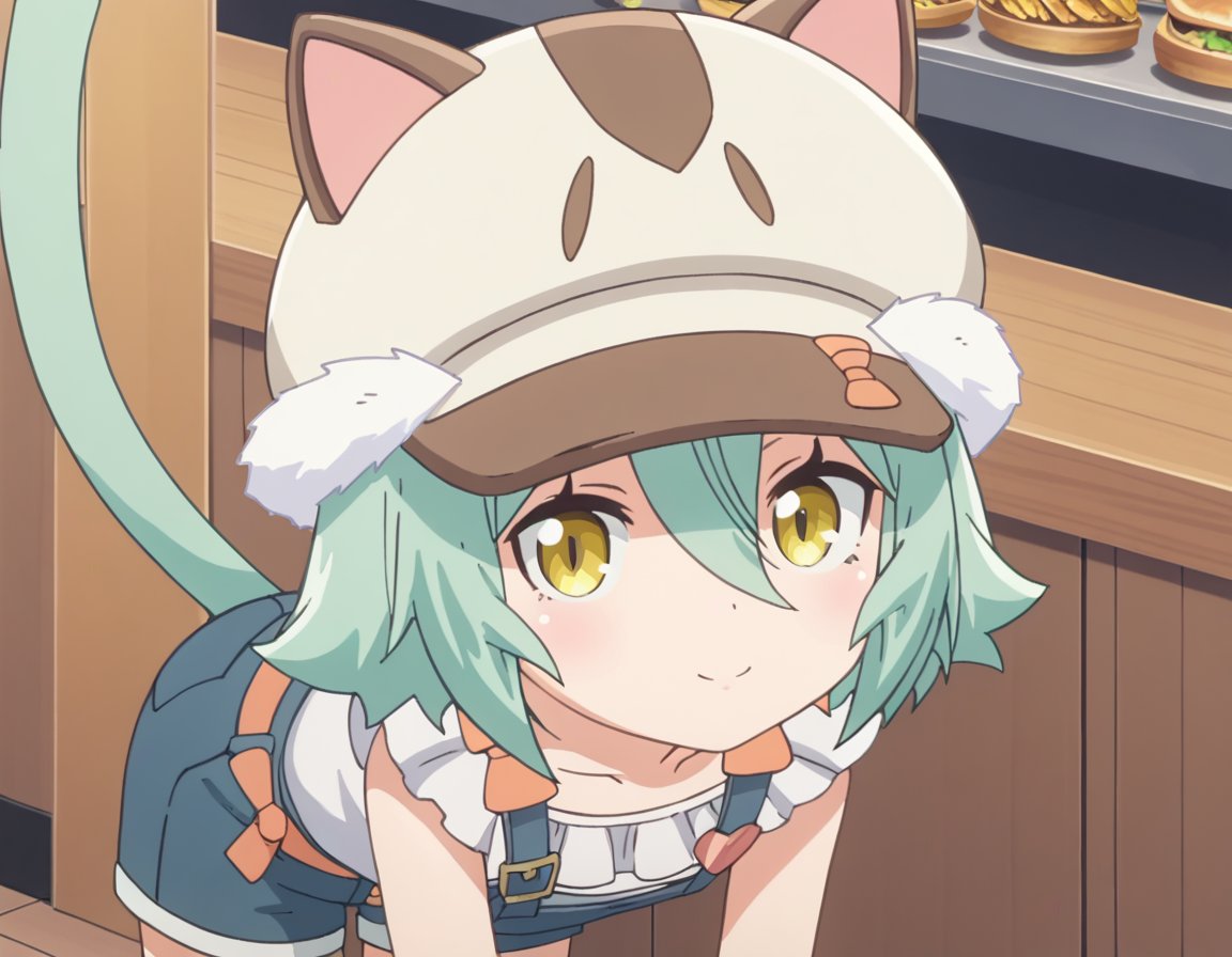 score_9, score_8_up, score_7_up, source_anime,nekoparacacao, <lora:nekopara-cacao-s1-ponyxl-lora-nochekaiser:1>,cacao, short hair, animal ears, hair between eyes, yellow eyes, green hair, cat girl,shirt, hat, collarbone, tail, cabbie hat, overalls, cat hat, overall shorts,indoors, cafe, bent over, smile,looking at viewer, solo, cowboy shot, dutch angle,