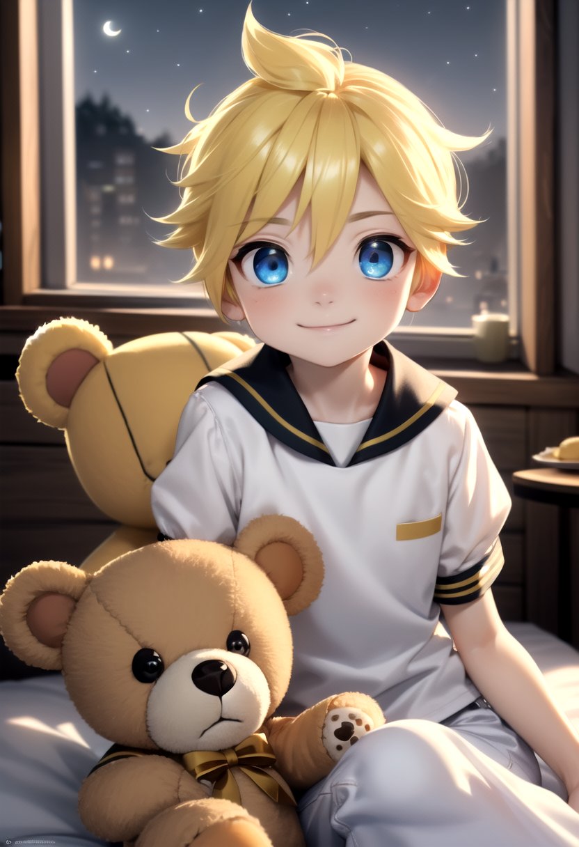 <lora:KagamineLenV1:0.7>, 1boy, sailor_collar, Kagamine_Len, yellow hair, (8k:0.7), (dusk:0.6), moon, night,  smile, short sleeve, long pants, (white shirt:1.2),1 boy,multiple details, (cuddle low detailed 1 teddybear,:1.2) multicolored eyes,eyeshadowy, tavern, warm interior, sitting leaned back on bed, window,(masterpiece:1.2), best quality, high resolution, unity 8k wallpaper, (illustration:0.8), (beautiful detailed eyes:1.6), extremely detailed face, perfect lighting, extremely detailed CG, (perfect anatomy), GS-Boyish