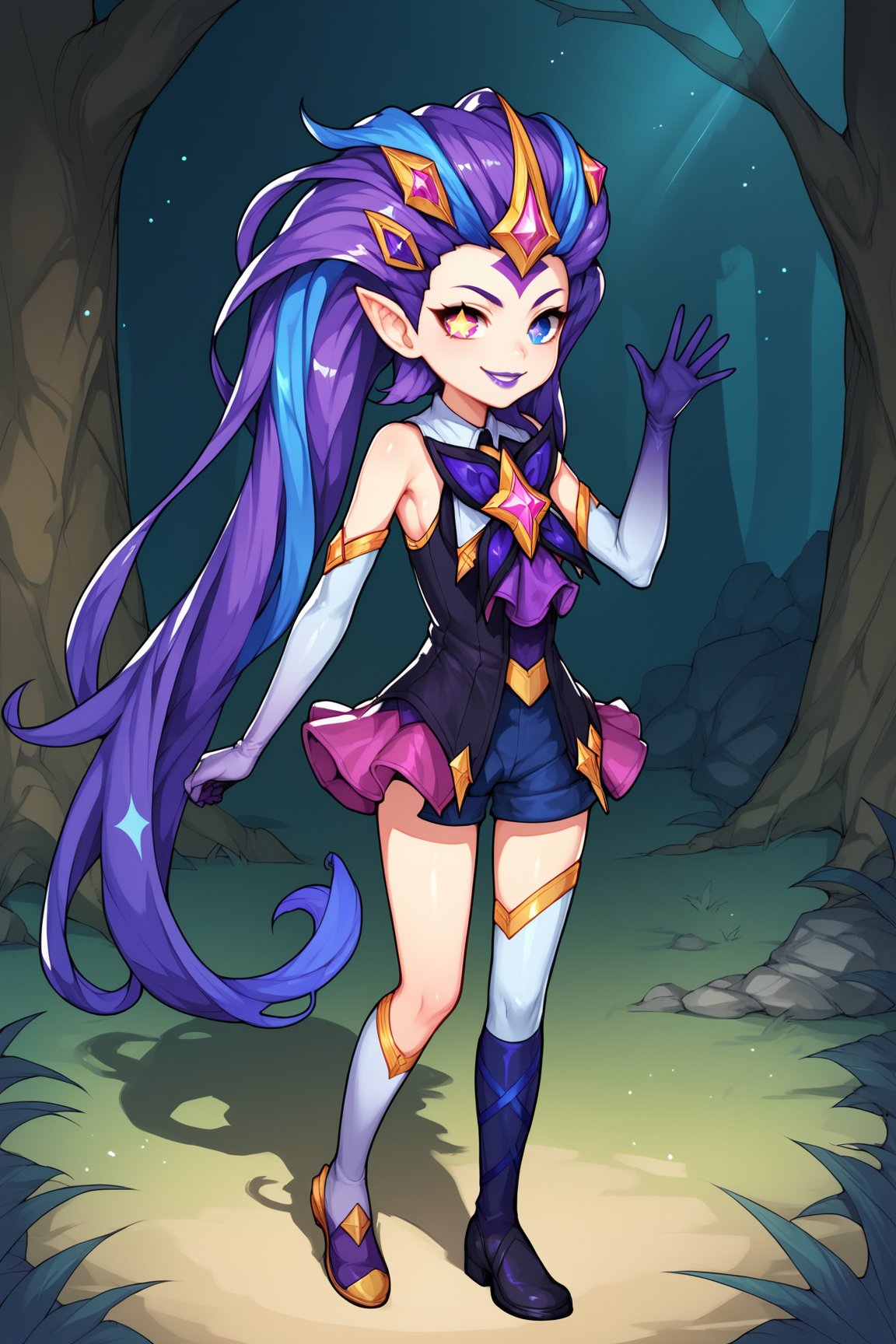 score_9, score_8_up, score_7_up, score_6_up, score_5_up, score_4_up, BREAK, ZoeSGXL, star guardian (league of legends), purple lips, purple eyes, (blue eye), heterochromia, star-shaped pupils, purple hair, blue hair, multicolored hair, long hair, gold star forehead, hair ornament, pointy ears, small breasts, bare shoulders, star (symbol), purple dress, purple elbow gloves, pink skirt, blue short, white single thighhigh, black single thighhigh, black shoes, solo, full body, standing, waving, seductive smile, looking at viewer, forest, tree <lora:ZoeSGXL:0.8>