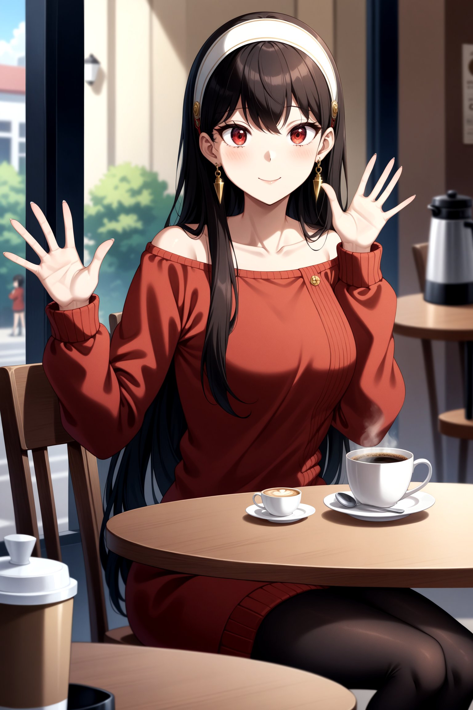 (masterpiece, best quality, very aesthetic, ultra detailed), intricate details, 4k, anime style, bbyorf, long hair, white hairband, red eyes, gold earrings, jewelry, off shoulder, red sweater, sweater dress, long sleeves, black pantyhose, <lora:yor_forger_XL_v1:0.9>, sitting, cafe, sitting, smile, waving, coffee, table,