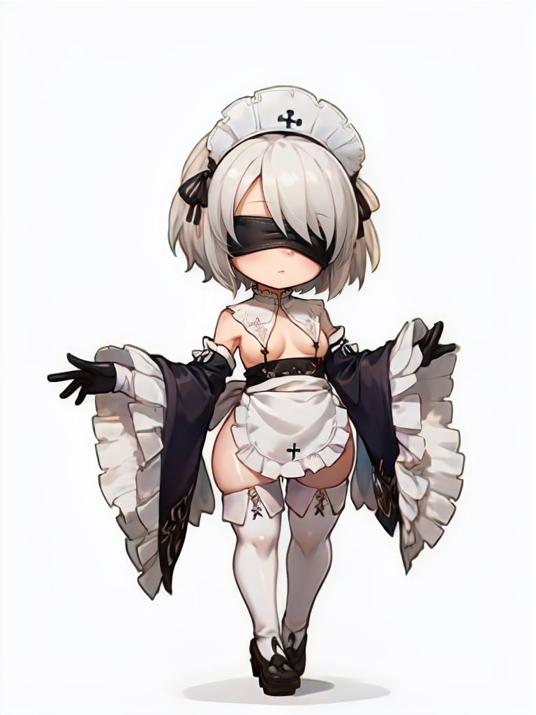 2bhs, short hair, white hair, blindfold, detached sleeves, apron, thighhighs, gloves, wide sleeves, full body, chibi, white background <lora:Yorha_HolyService2B-DEF:0.7>
