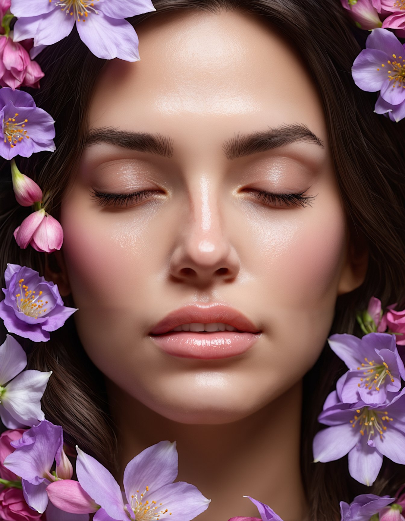 (digital art, ultra-realistic, high detail, high resolution, photorealistic) close-up of a serene human face with eyes closed, delicate and translucent petals and floral elements intertwined with the face, creating a harmonious and ethereal appearance, soft and pastel colors with shades of lavender, pink, and peach, intricate line work and texture on the petals, smooth skin texture, subtle and soft lighting, dreamy and surreal atmosphere, emphasis on the blending of human and floral elements, highlighting the delicate and fragile beauty