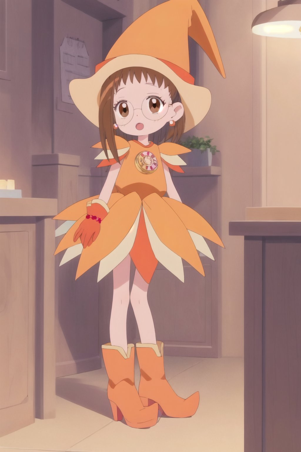 HazukiWitch, 1girl, solo, brown hair, gloves, hat, brown eyes, jewelry, earrings, glasses, witch hat, short hair, open mouth, dress, full body, boots, orange footwear, indoors<lora:EMS-403274-EMS:1.000000>