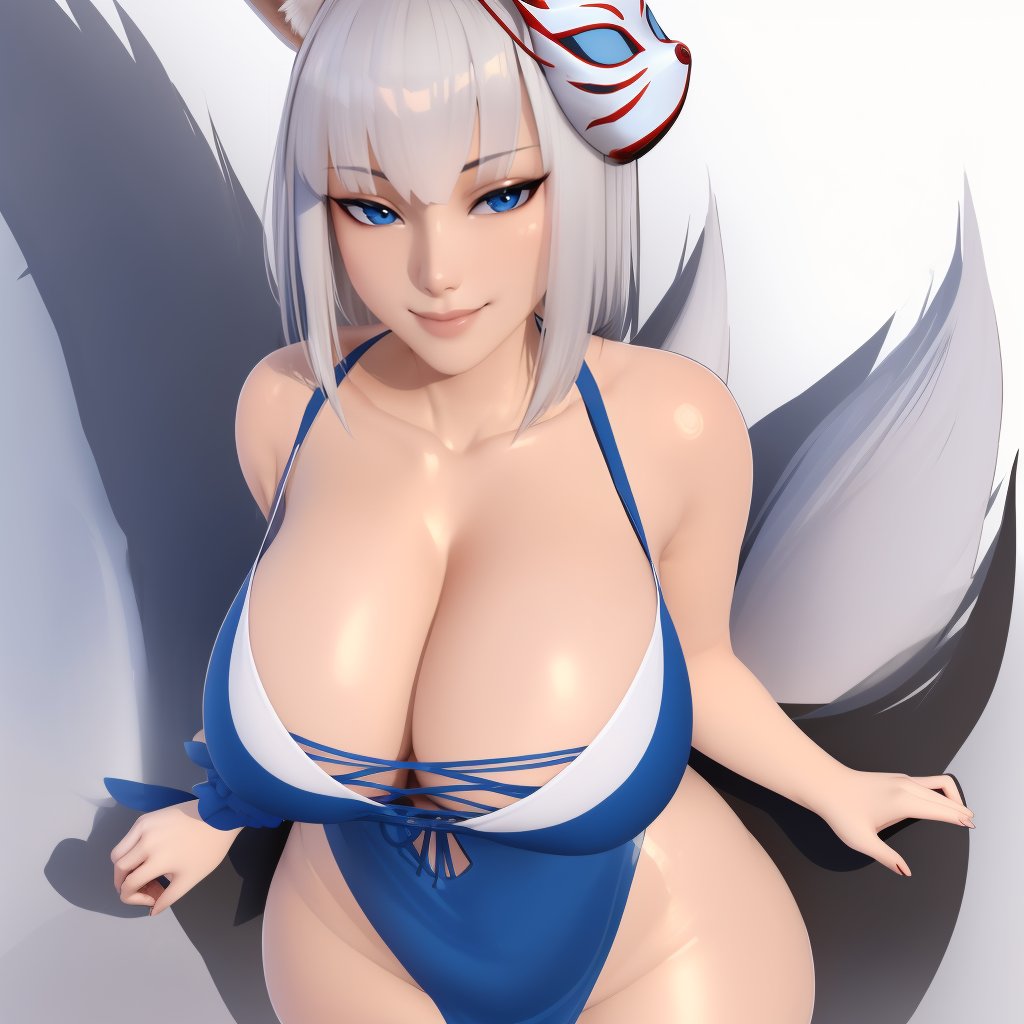 (masterpiece, best quality:1.3), Popogori1, 1girl, solo, looking at viewer, wide hips, mature female, closed mouth, seductive smile, large breasts, cowboy shot, thick thighs,  <lora:Popogori1 Style Lora:1>, from above, kaga(everlasting killing stone), white hair, blue eyes, fox ears, mask on head, fox mask, tail, fox girl <lora:kaga_everlasting_killing_stone:.8>