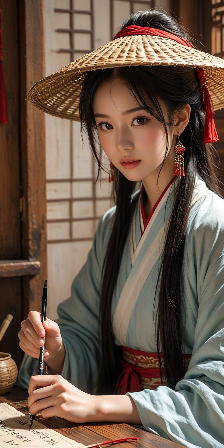 scroll,solo,hat,1girl,paintbrush,calligraphy brush,writing,inkwell,holding,looking down,indoors,realistic,black hair,long sleeves,blurry,lips,upper body,half-closed eyes,book,closed eyes,closed mouth,table,chinese clothes,short hair,HDR,UHD,8K,best quality,masterpiece,Highly detailed,Studio lighting,ultra-fine painting,sharp focus,physically-based rendering,extreme detail description,Professional,masterpiece,best quality,delicate,beautiful,