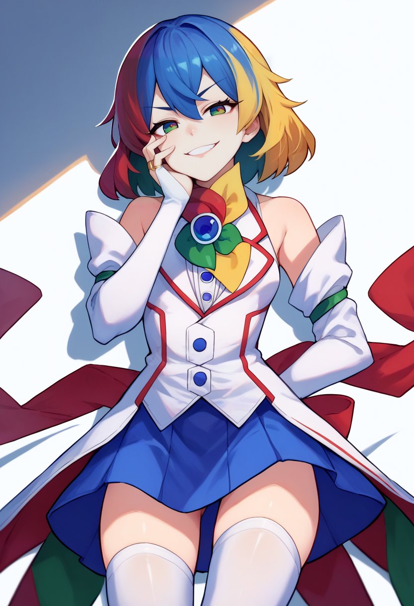 score_9, score_8_up, score_7_up, source_anime, solo, 1girl, googlechrome, evil smile, looking at viewer, hand on own face, multicolored eyes, jacket, brooch, detached sleeves, bridal gauntlets, blue skirt, white thighhighs <lora:gijinkaseries_googlechrome_ponyXL-000006:1>