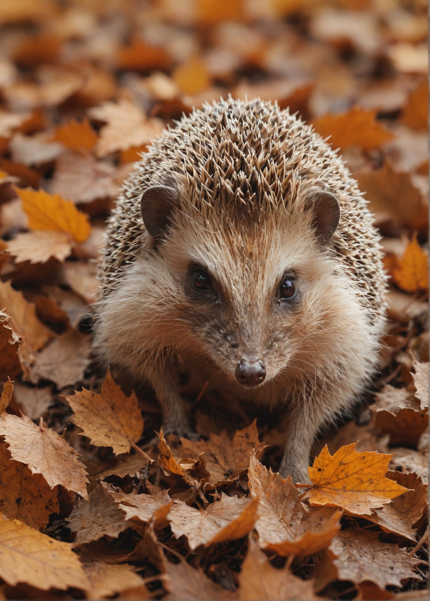 Little hedgehog in the fallen leaves in autumn, close-up, 8k resolution, HD photography, real photo, soft light, ultra-high definition, best quality, extreme details