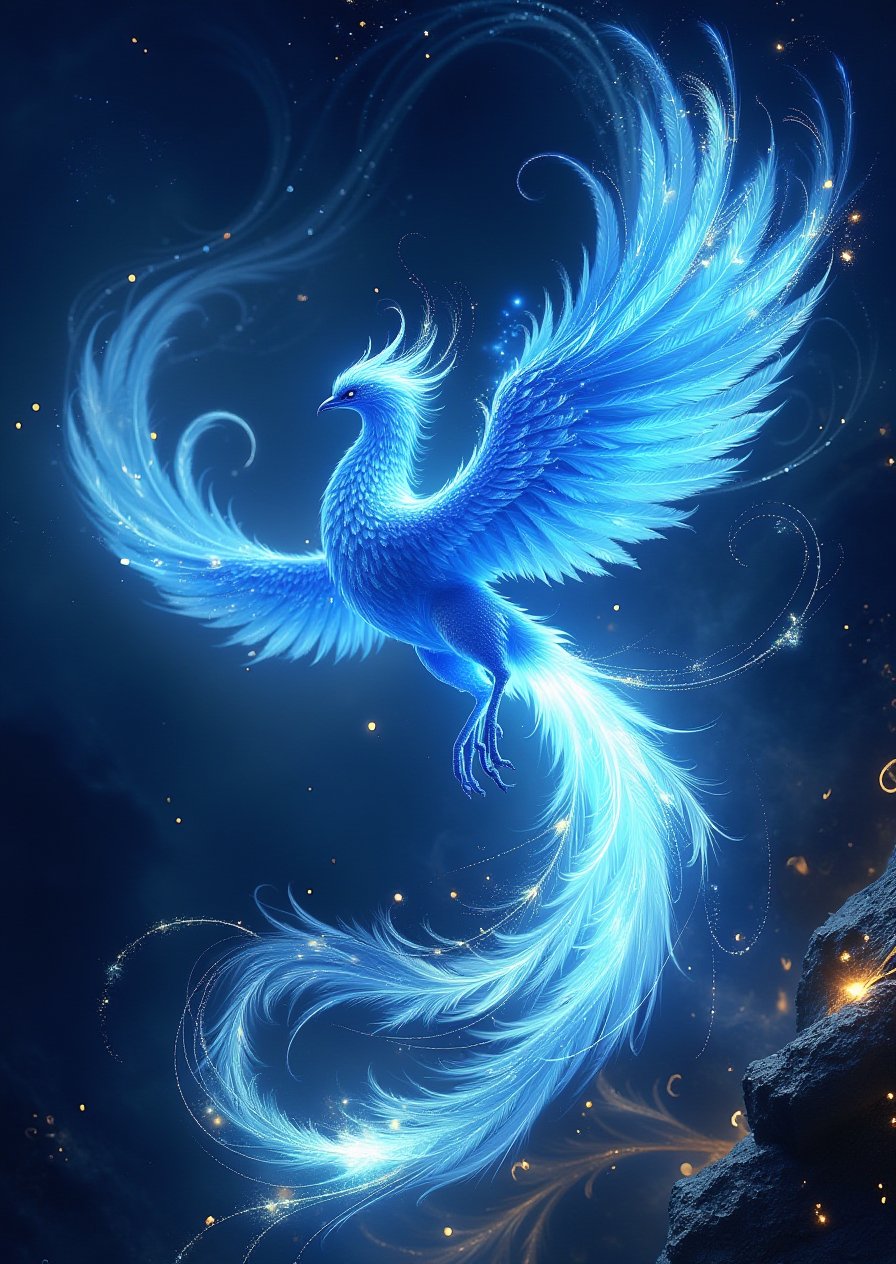 Phoenix, fire, CG fantasismDigital illustration, Blue phoenix-like creature, high-gloss finish, curved body, S shape, spread wings, feathered texture, rocky outcropping, dark sky, numerous stars, golden glow at the bottom and sides, halo-like appearance.  Oblique perspective shot, studio environment, spotlight lighting, clear reflections.   <lora:凤凰:1>