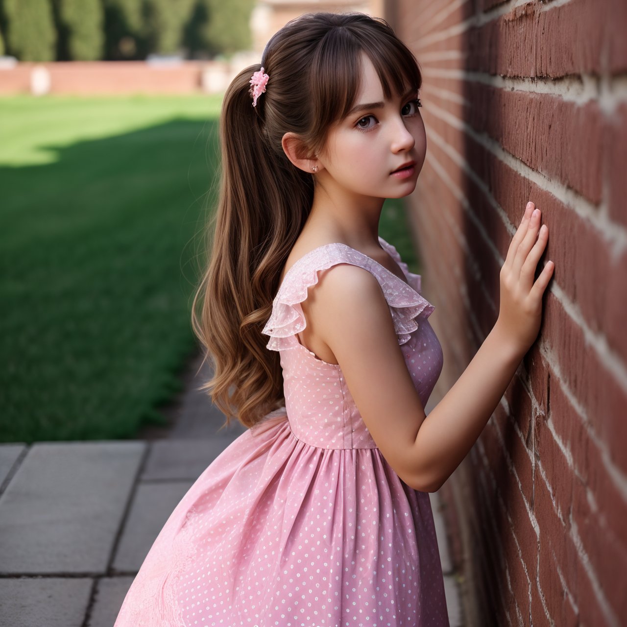 SFW, (masterpiece:1.3), best quality, extra resolution, view from above, profile of charming (AIDA_LoRA_BelK:1.14) <lora:AIDA_LoRA_BelK:0.76> standing next to the brick wall, outdoors, sunlight, building, young teen, pretty face, pink polka dot dress, open mouth, cinematic, hyper realistic, studio photo, kkw-ph1, hdr, f1.5