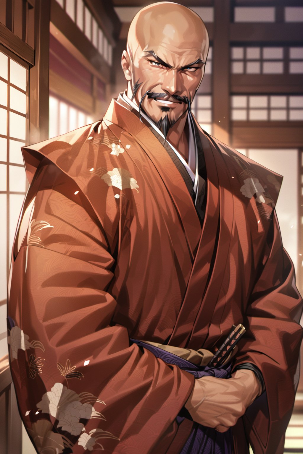 cowboy shot, (((smile))), saitou dousan, samurai, 1man, solo, japanese, male, bald hair, kimono, mustache, young man, beard, kataginuhanhakama,(masterpiece, high-quality, breathtaking, highres, ultra detailed), (expressive eyes, perfect face) <lora:saitou dousan 526:1>