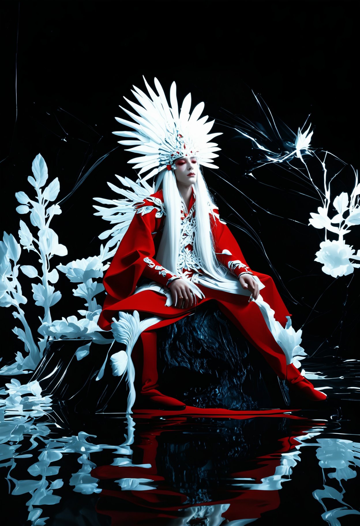 Surreal, fantasy-inspired, elaborate costume, seated figure, intricate headdress, red and white attire, long white hair, dramatic lighting, high contrast, dark background, ethereal atmosphere, reflective materials, floral elements, mystical ambiance, central composition, contemplative pose, artistic expression.