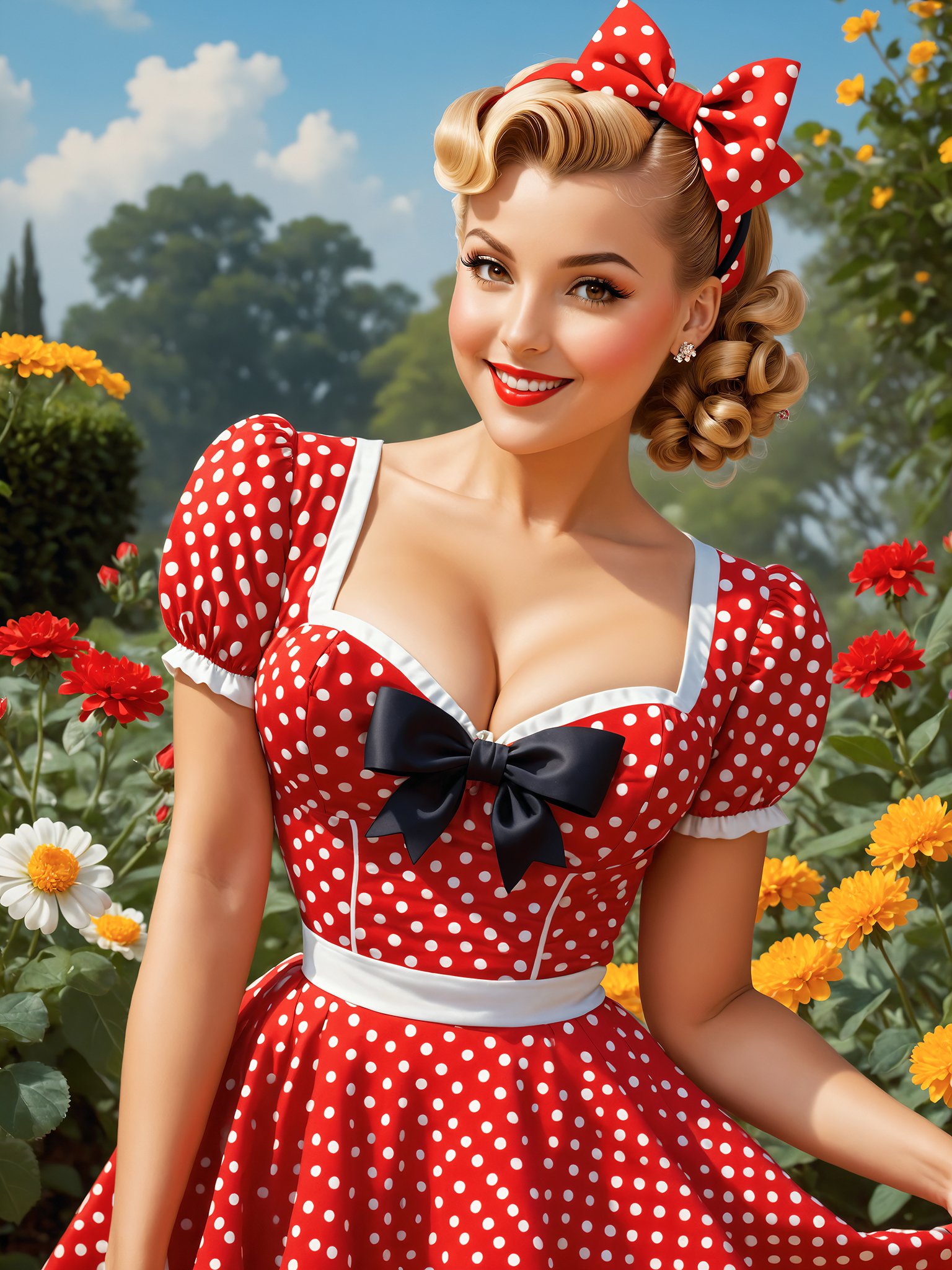 (masterpiece, best quality:1.4), (extremely detailed, 8k), beautypinupart, 1girl, midriff, upper body, (looking at viewer:1.3), blonde hair, upright pin curl hairstyle, 60s hairstyle, red hairband, bow hairband, wearing a red dress with polka dot print, full-length short dress, puffy short sleeves, beautiful, cute, hot, sexy, beautiful female figure, highly detailed skin, smiling, hands on own hips, dynamic pose, garden background, <lora:PinupManiaXL_V1.0:1>