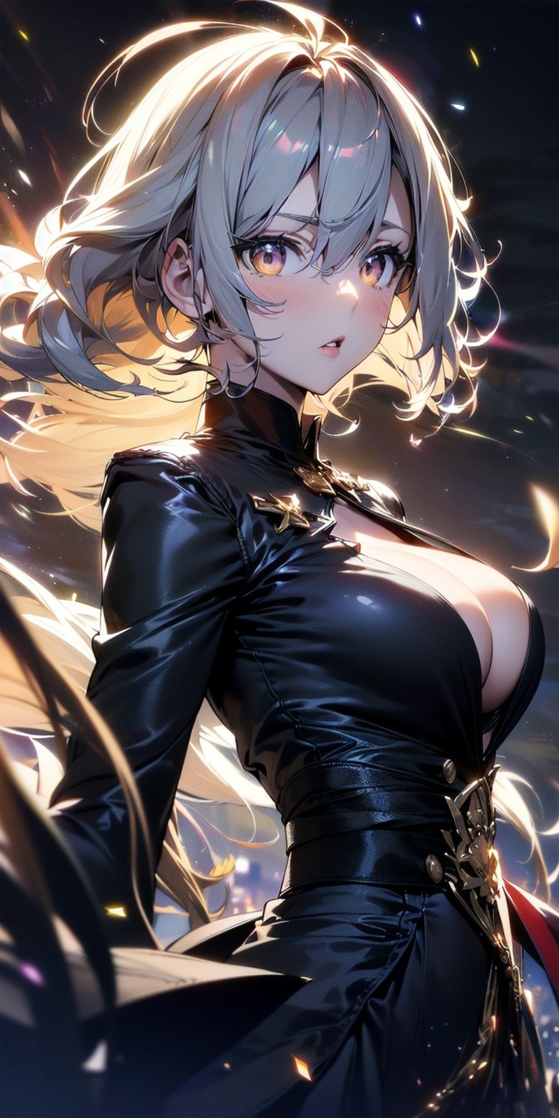 <lora:apstyle3diff:0.75> apstyle3 apstyle masterpiece best quality detailed eyesmasterpiece best quality 1girllong hair (messy hair floating :1.25) severe flow(night dark shadow darkness:1.2)(sunbeam light grow luminescence :1.475)black background blacklarge breasts cleavageupper body  looking at viewer<lora:detail_slider_v4:0.75>